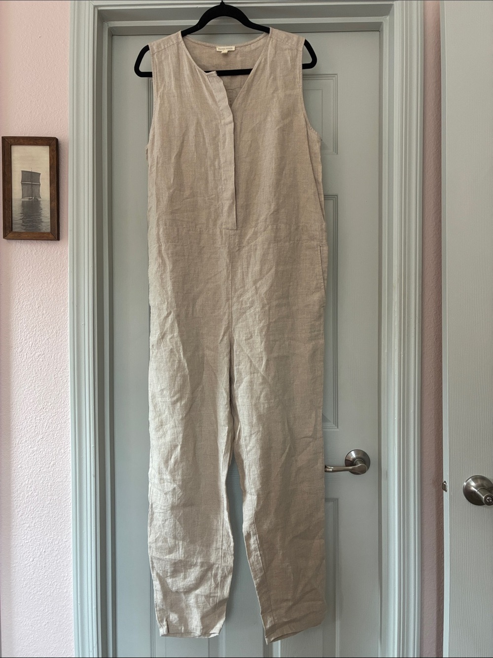 Eileen Fisher Sleeveless Linen Jumpsuit in Light Beige